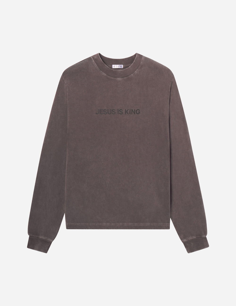Brown long-sleeve unisex T-shirt with “JESUS IS KING” chest print, crew neck