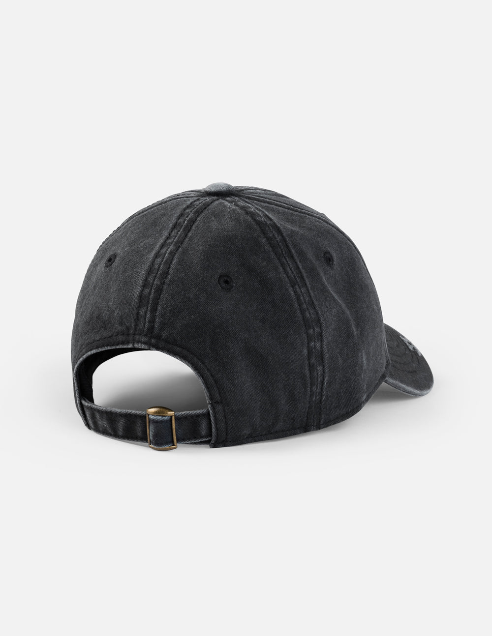 Black adjustable baseball cap with leather-look strap and metal buckle