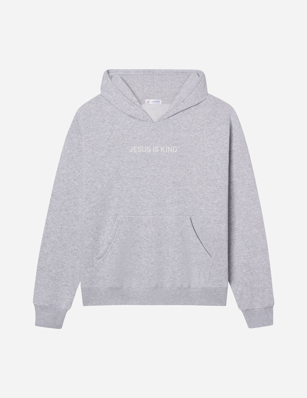 Heather grey unisex pullover hoodie with hood and Jesus Is King chest graphic
