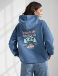 Blue unisex hoodie with "Jesus Is My Best Friend" graphic on back, pine trees below