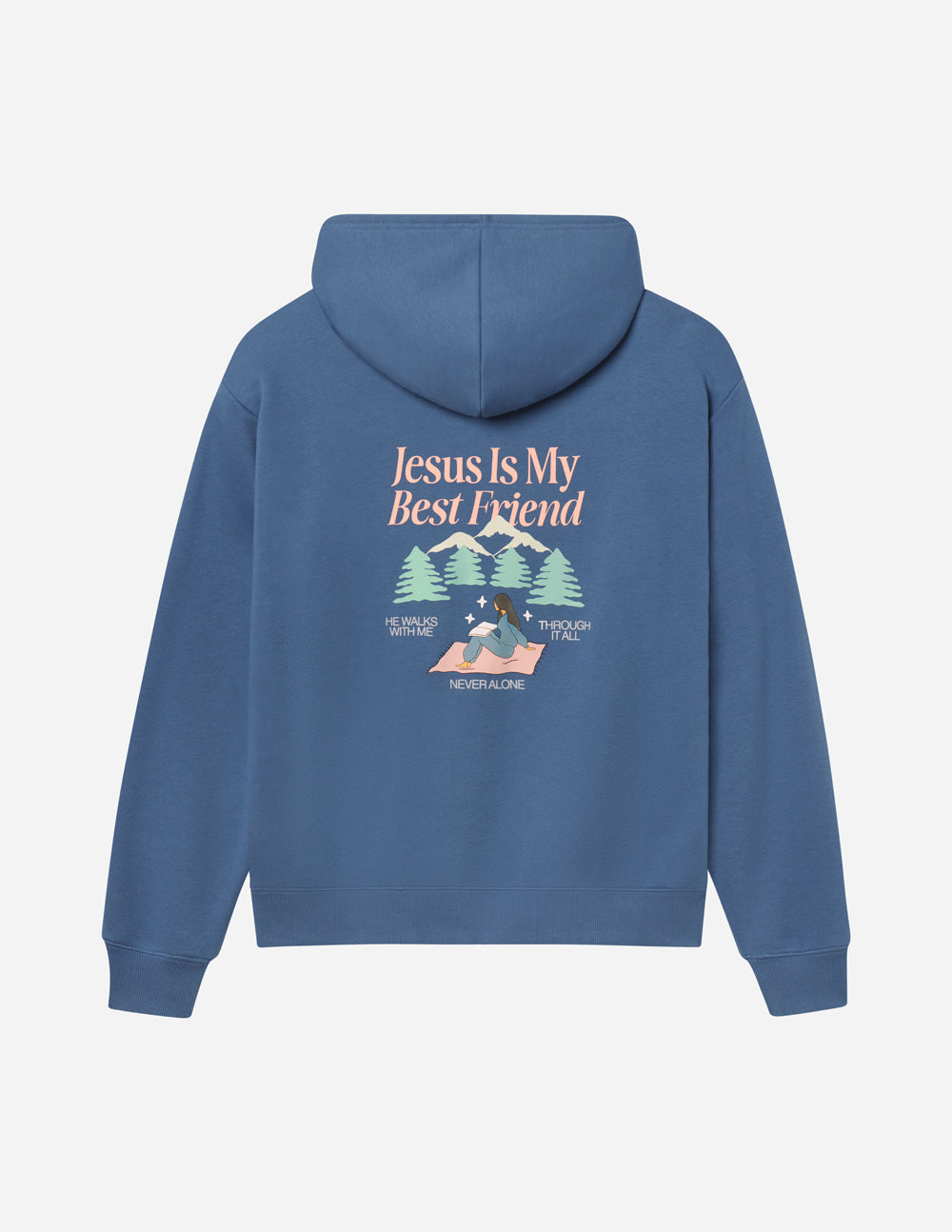 Blue unisex hoodie with front text graphic and trees