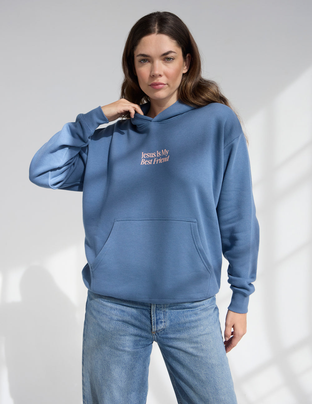 Blue unisex hoodie with front "Jesus Is My Best Friend" graphic and kangaroo pocket