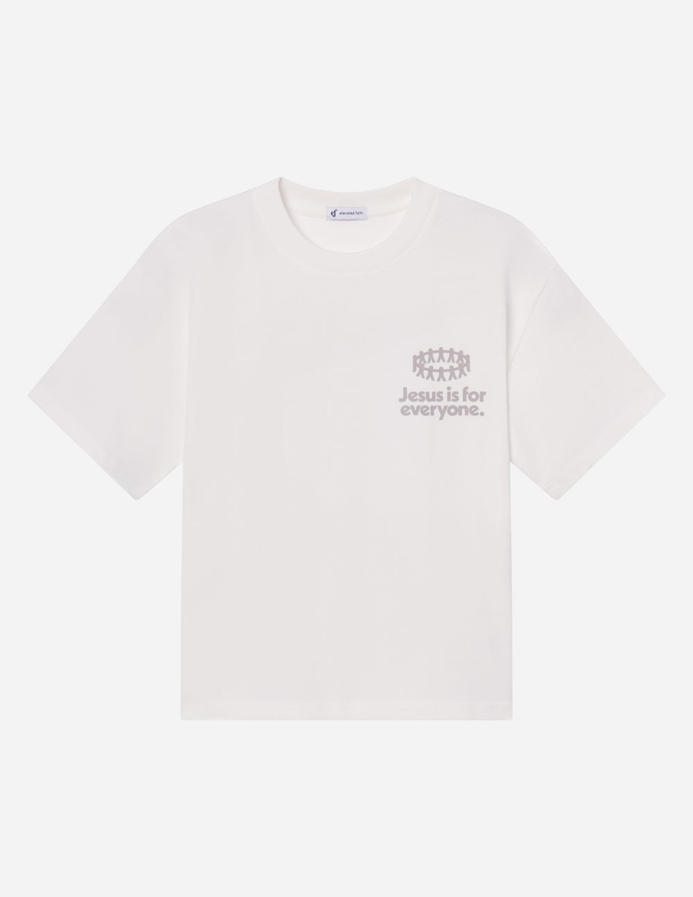 White heavyweight graphic T-shirt with chest logo text and abstract figures