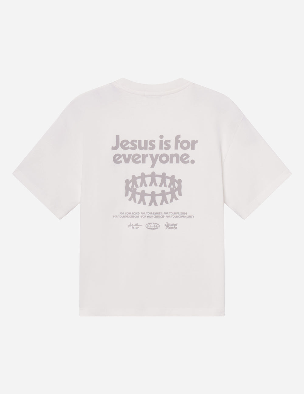 White heavyweight graphic T-shirt showing back print with centered logo text and symbols