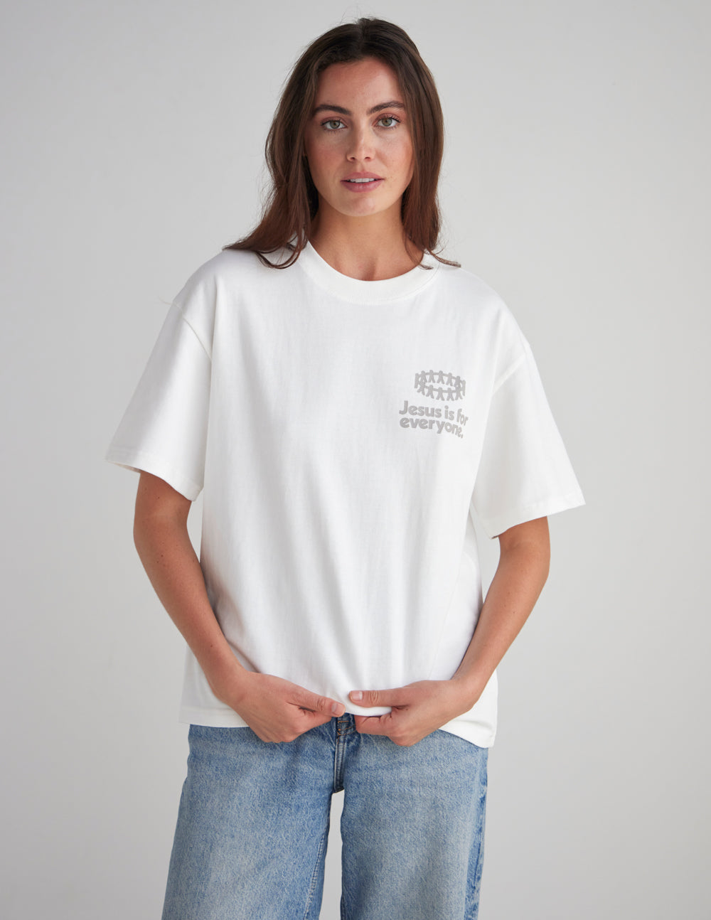 White heavyweight graphic T-shirt on model, front chest logo text and symbols