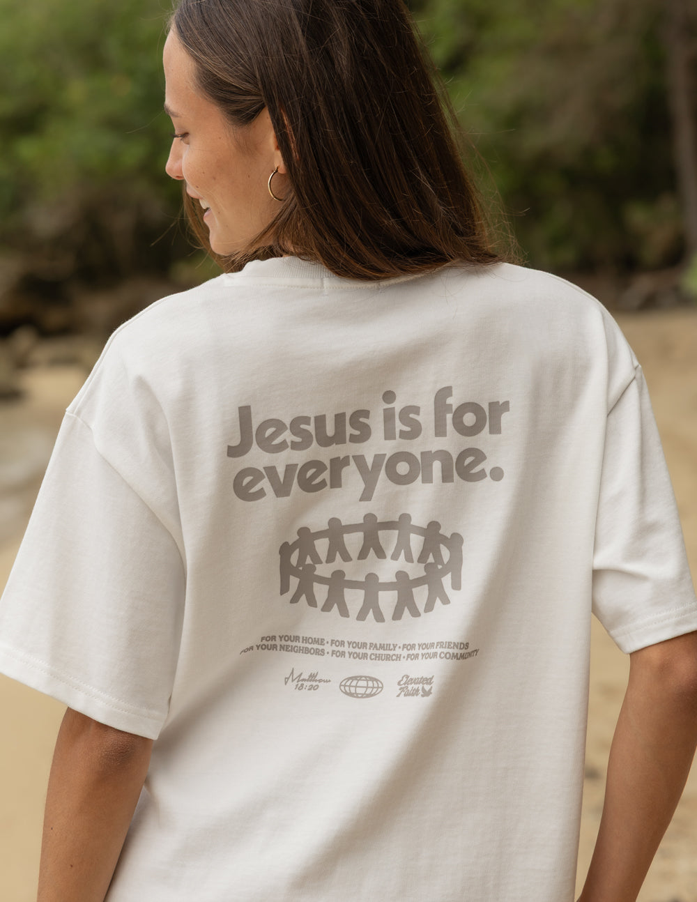 White heavyweight T-shirt with back text and crowd graphic