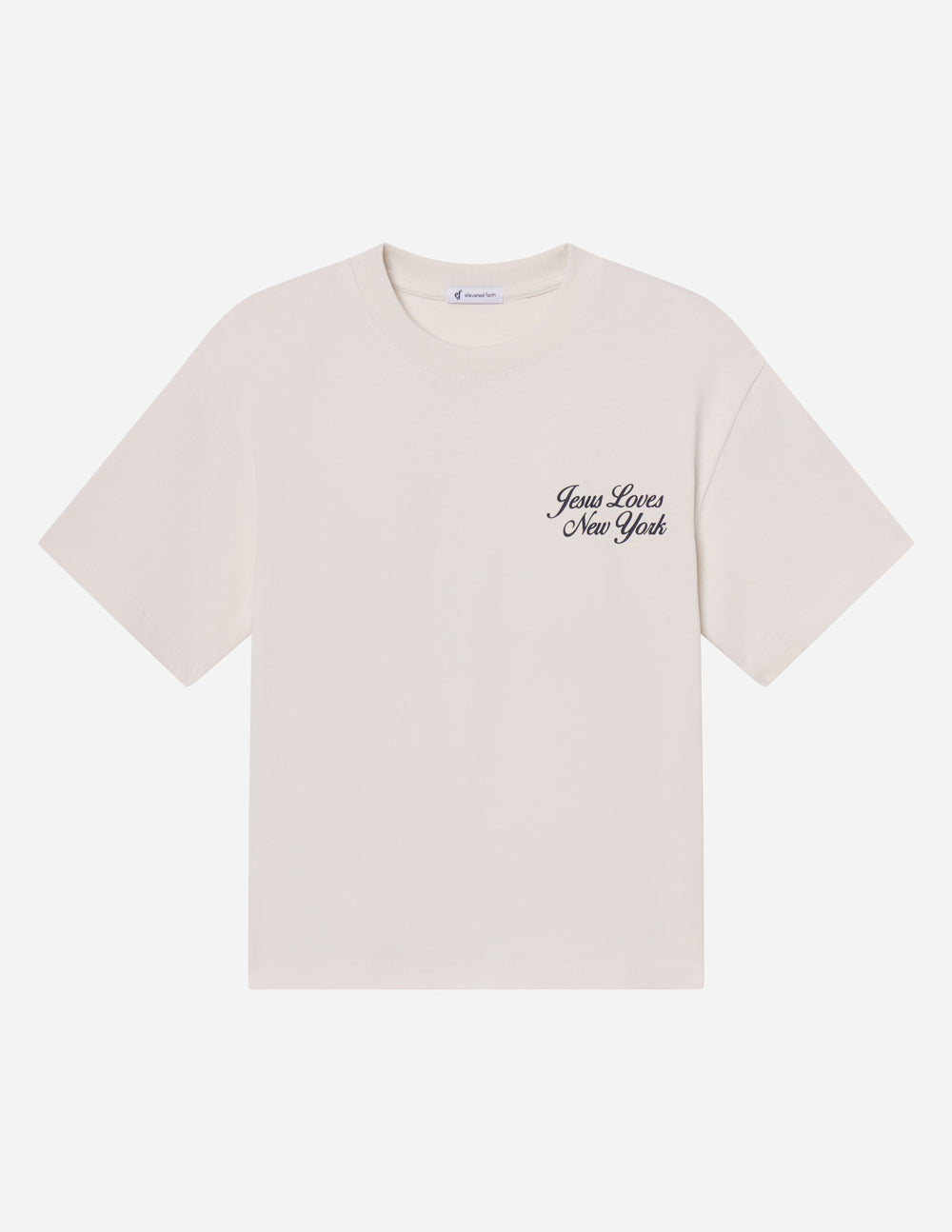 Light beige heavyweight tee with small chest 'Jesus Loves New York' script