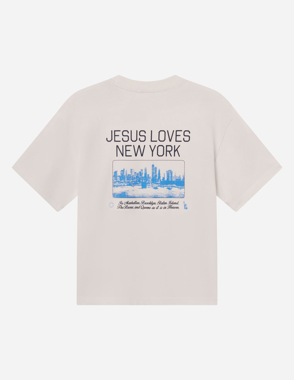 Light beige heavyweight tee with large back 'JESUS LOVES NEW YORK' skyline
