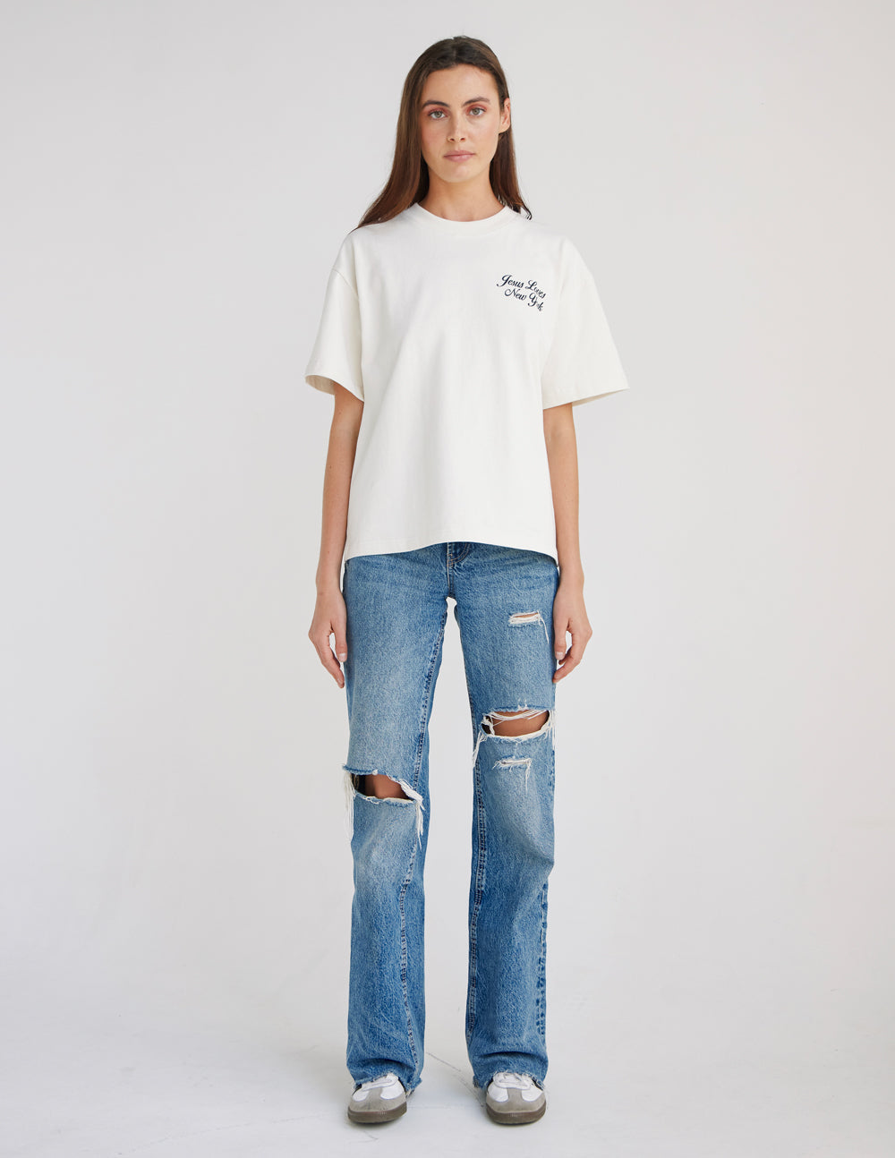 White heavyweight T-shirt with small chest script logo and crew neck