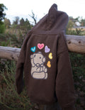 Kids hoodie in dark brown with colorful heart and cartoon bear graphic on back