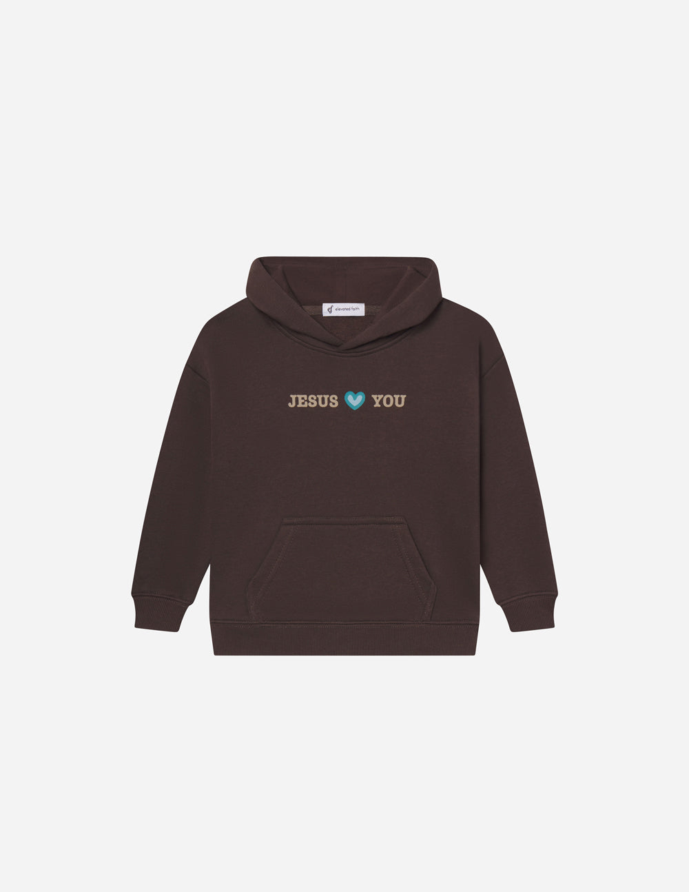 Kids hoodie in dark brown with chest text 'JESUS YOU' and front pocket