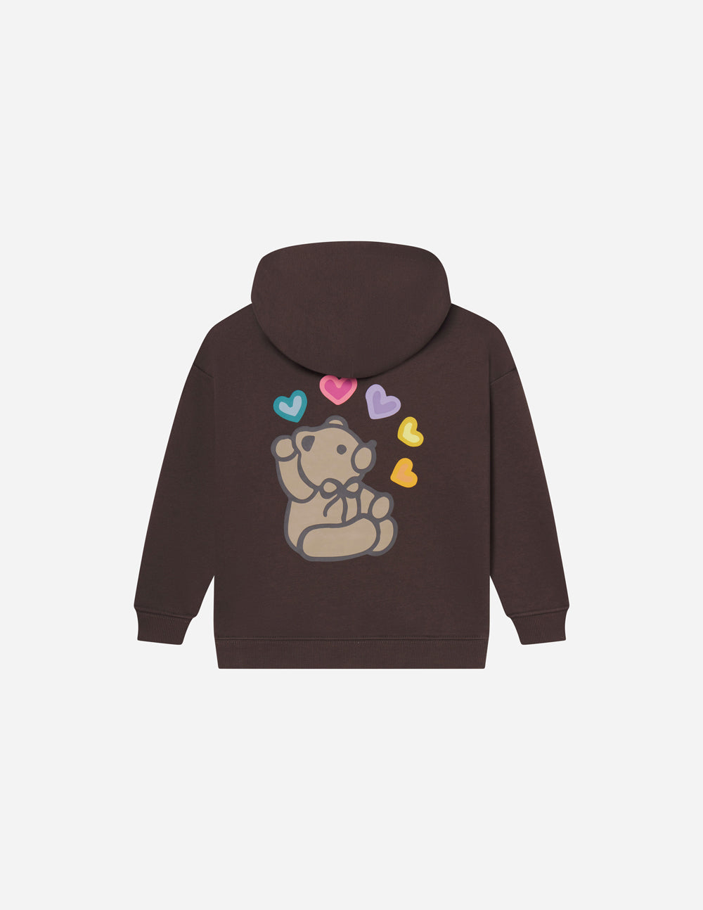 Kids dark brown hoodie with teddy bear graphic, hearts, and hood