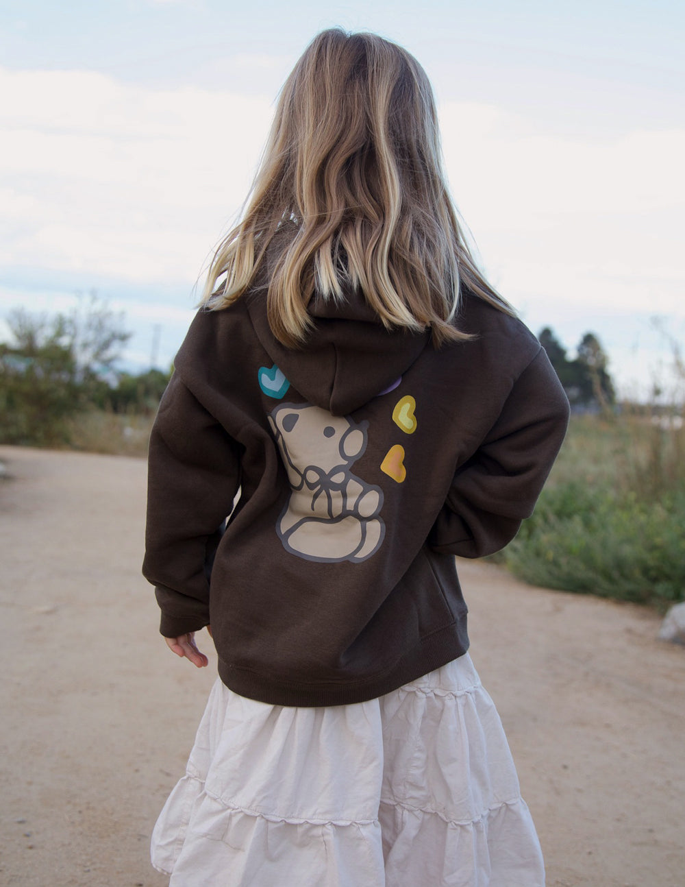 Kids dark brown hoodie with back cartoon bear graphic and heart accents