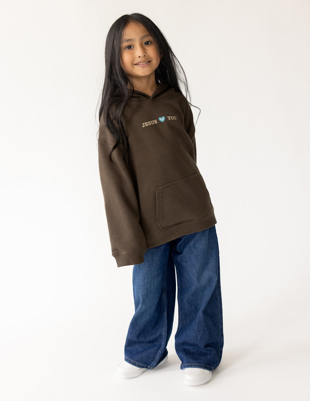 Kids dark brown hoodie with front kangaroo pocket and small “JESUS YOU” text