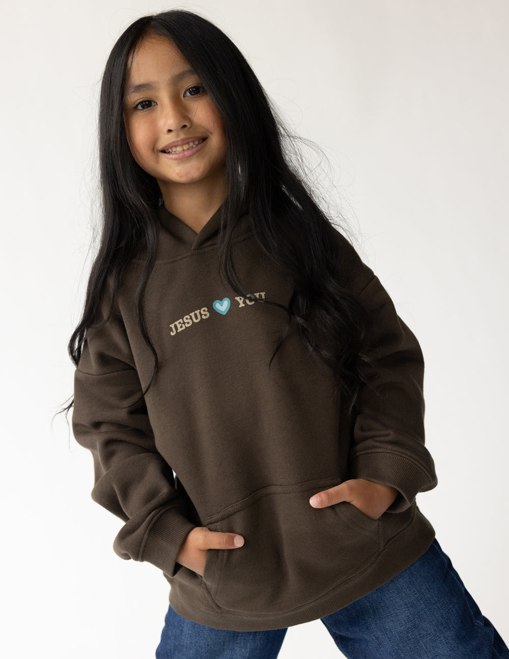 Kids dark brown pullover hoodie with “JESUS YOU” chest text and hood