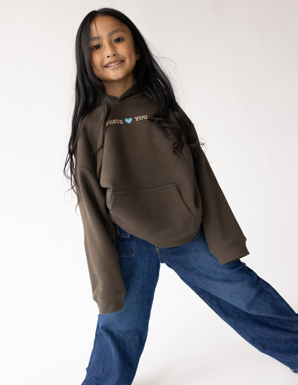 Kids dark brown hoodie with front pocket and “JESUS YOU” text