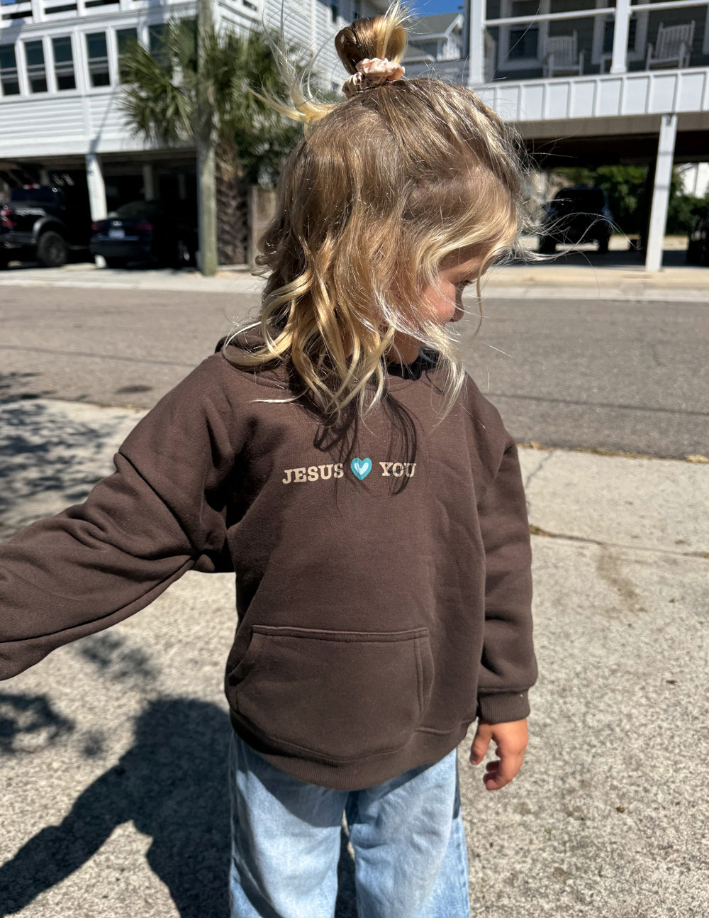 Kids dark brown hoodie with “JESUS YOU” chest text, front hooded style