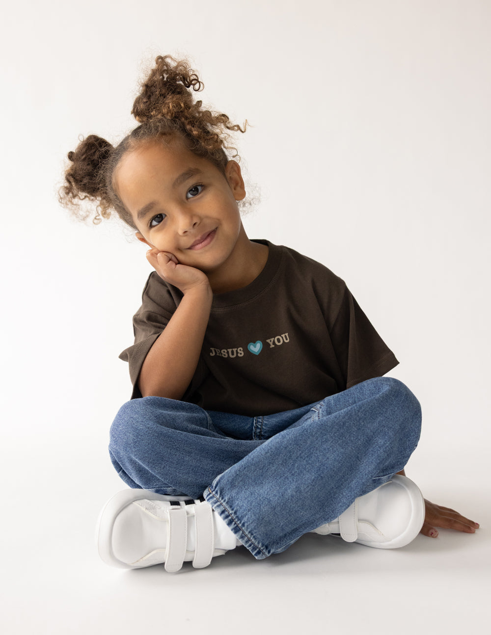 Kids brown T-shirt with “JESUS YOU” chest print and short sleeves