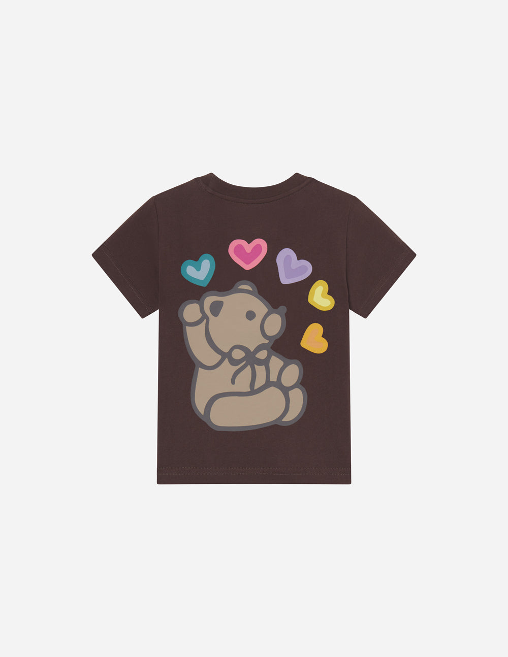 Kids brown T-shirt with dog-and-heart graphic front, short sleeves, crew neck