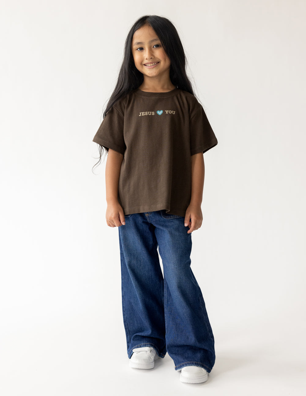 Kids brown T-shirt with 'JESUS' text and heart graphic
