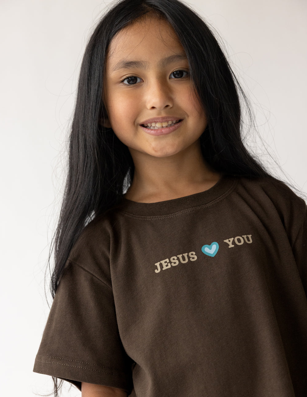 Kids brown T-shirt with 'JESUS' and heart logo on chest