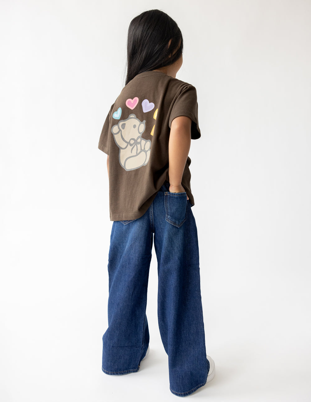 Kids brown T-shirt back graphic of a bear with hearts
