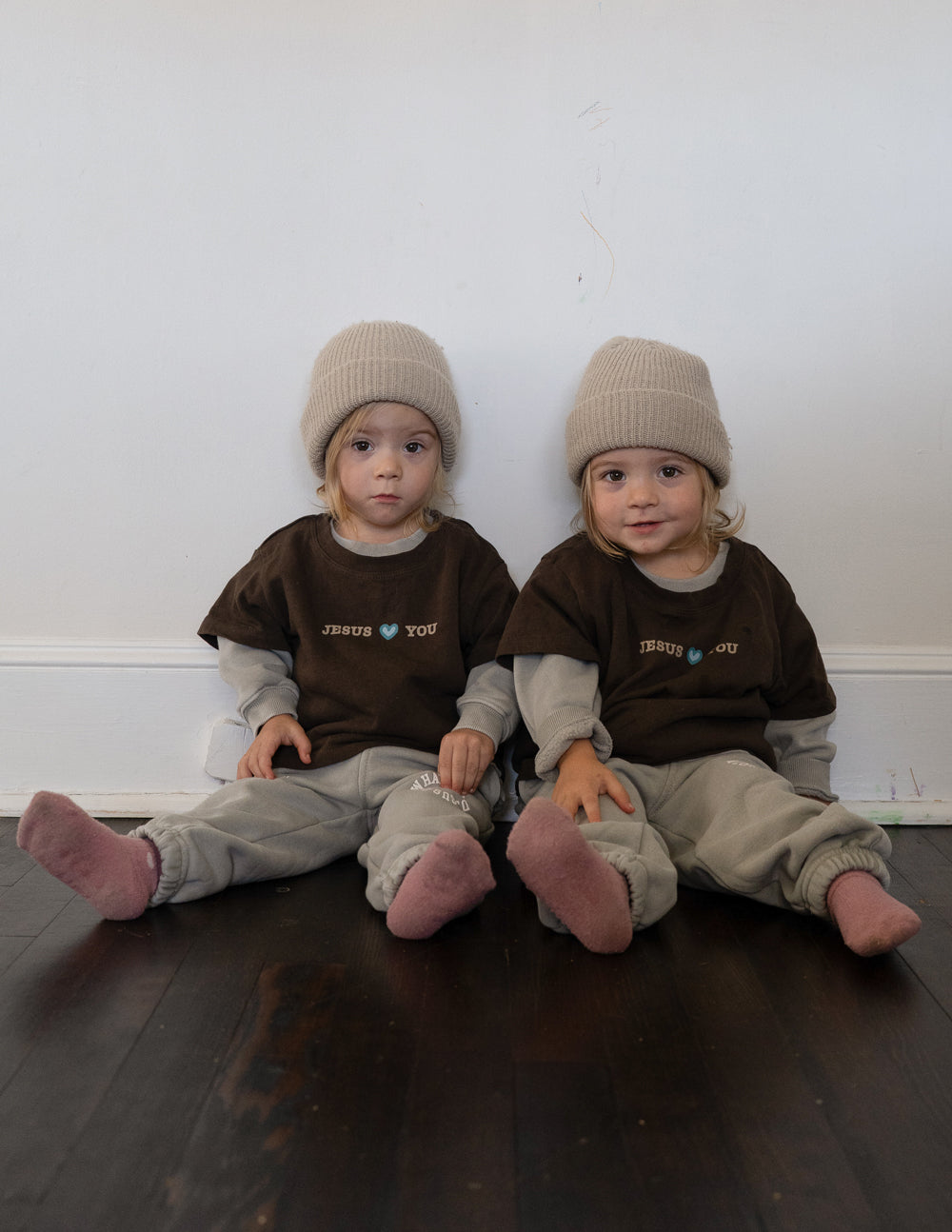 Kids brown T-shirt with 'JESUS YOU' text and heart chest print