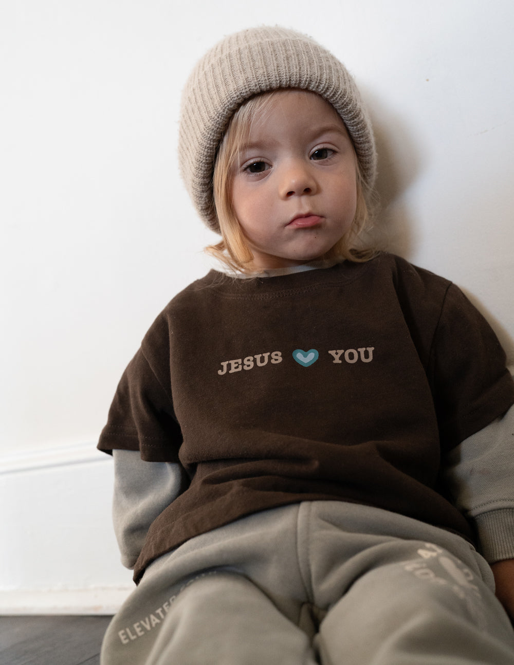 Kids brown T-shirt with 'JESUS' and heart 'YOU' text