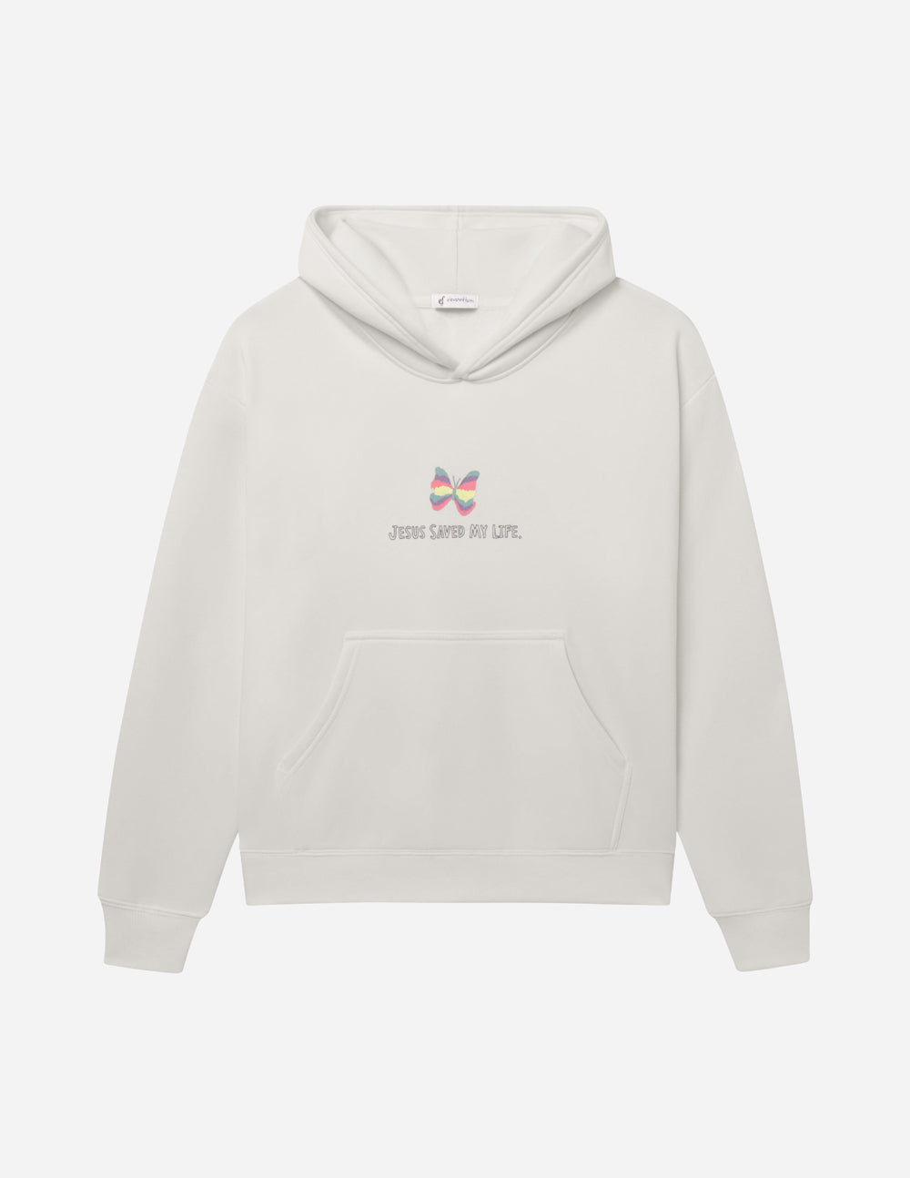 Unisex light-colored pullover hoodie with small chest logo and front pocket