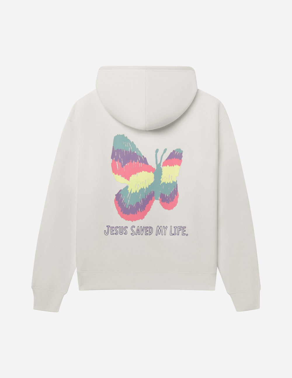 Unisex pullover hoodie in light cream with colorful butterfly graphic and 'Jesus Saved My Life' text