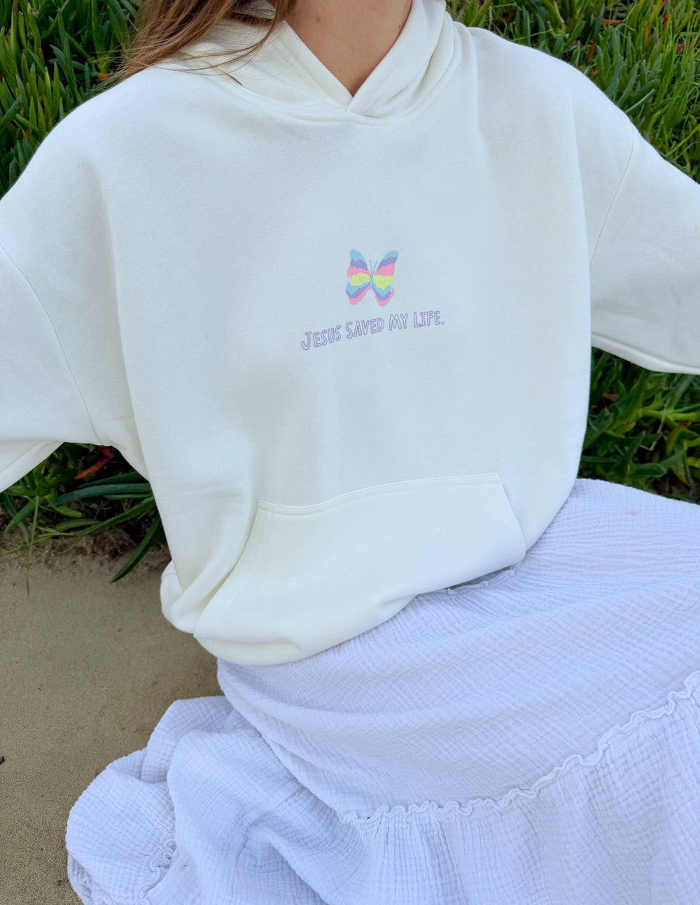 Unisex light hoodie with chest rainbow butterfly graphic and drawstring hood