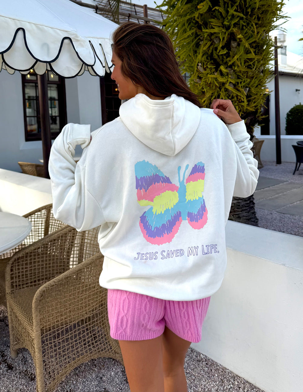 Unisex light hoodie with large back rainbow heart butterfly graphic