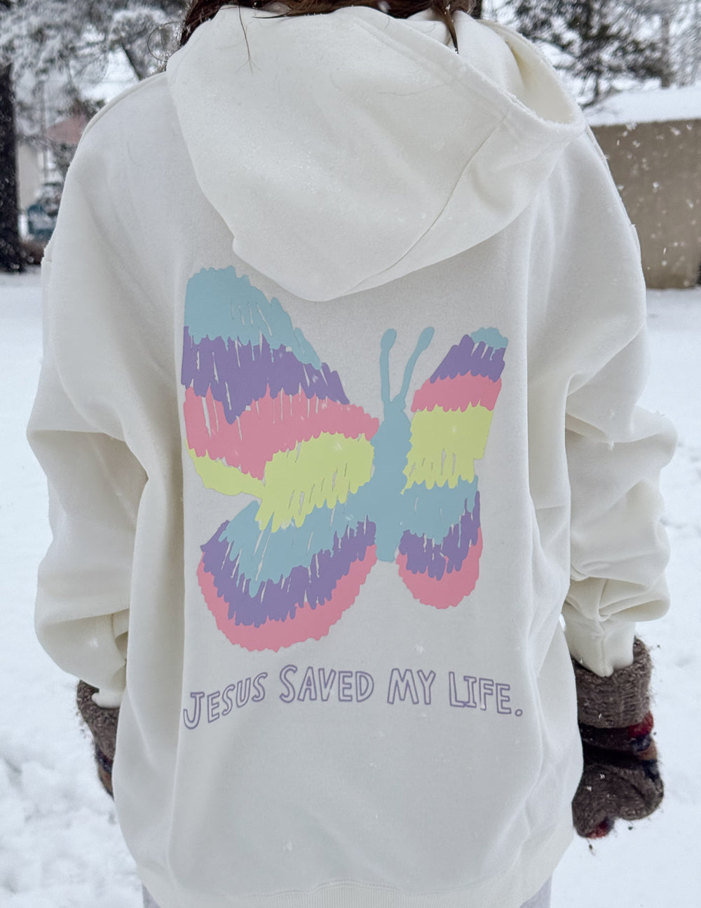 Unisex light hoodie with large back rainbow graphic and text below
