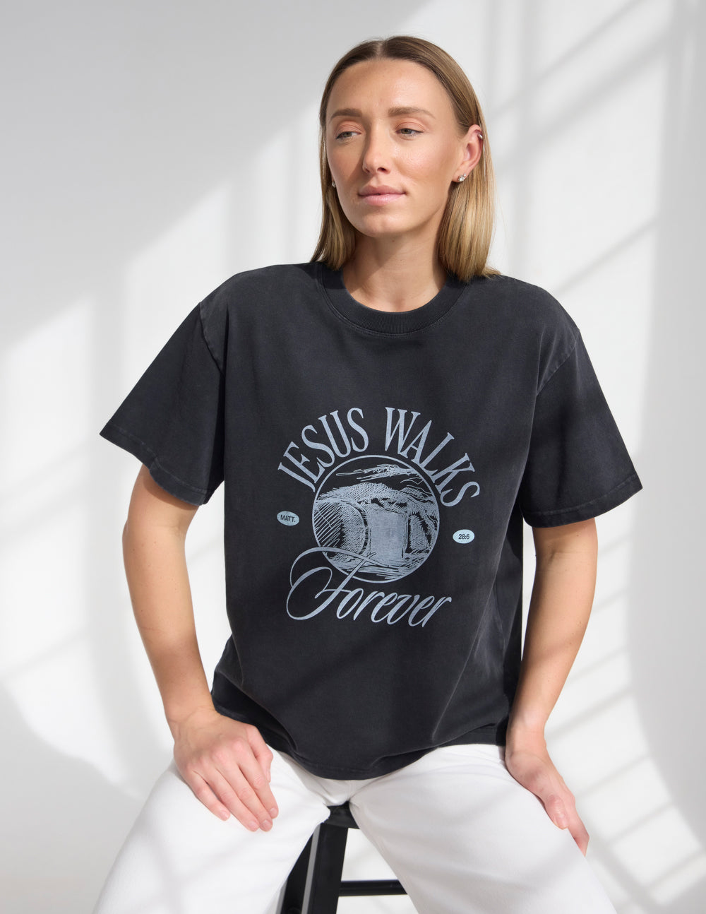 Black heavyweight crewneck tee with 'Jesus Walks Forever' front print