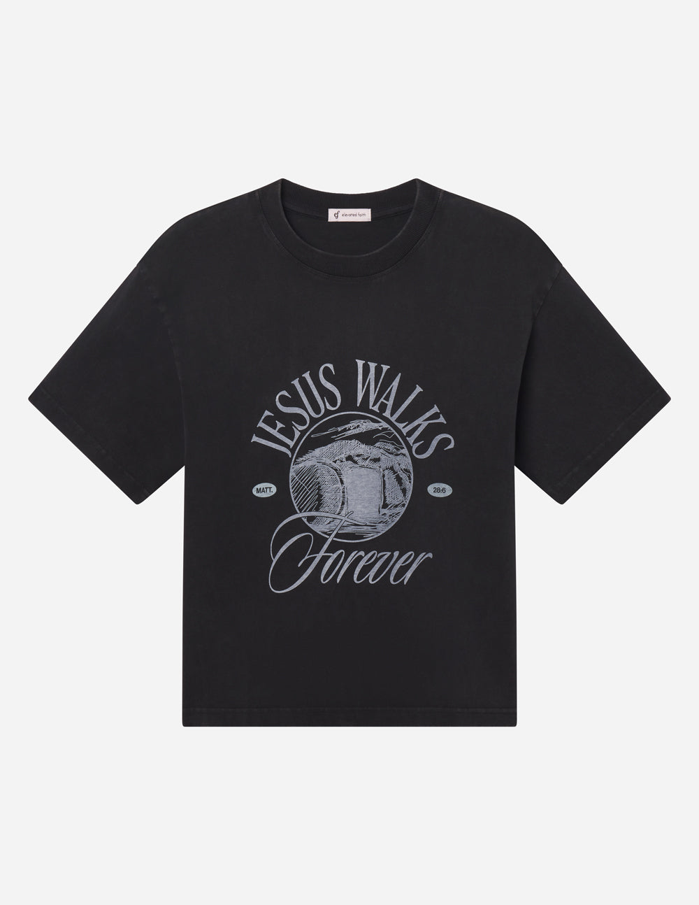 Black heavyweight crewneck tee, front view with 'Jesus Walks Forever' print