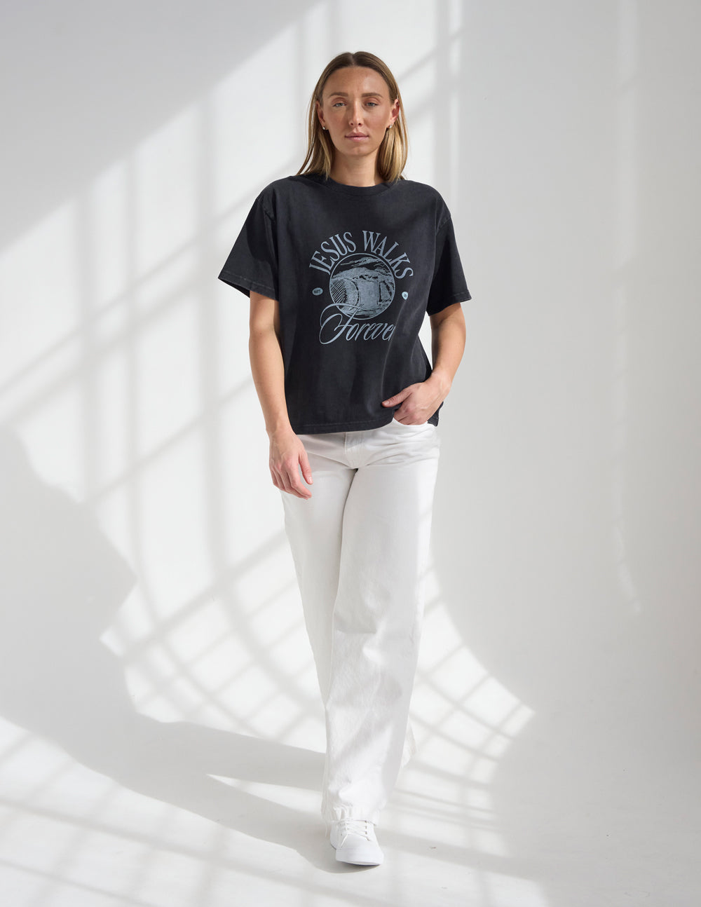 Black heavyweight crewneck tee with 'Jesus Walks Forever' front print