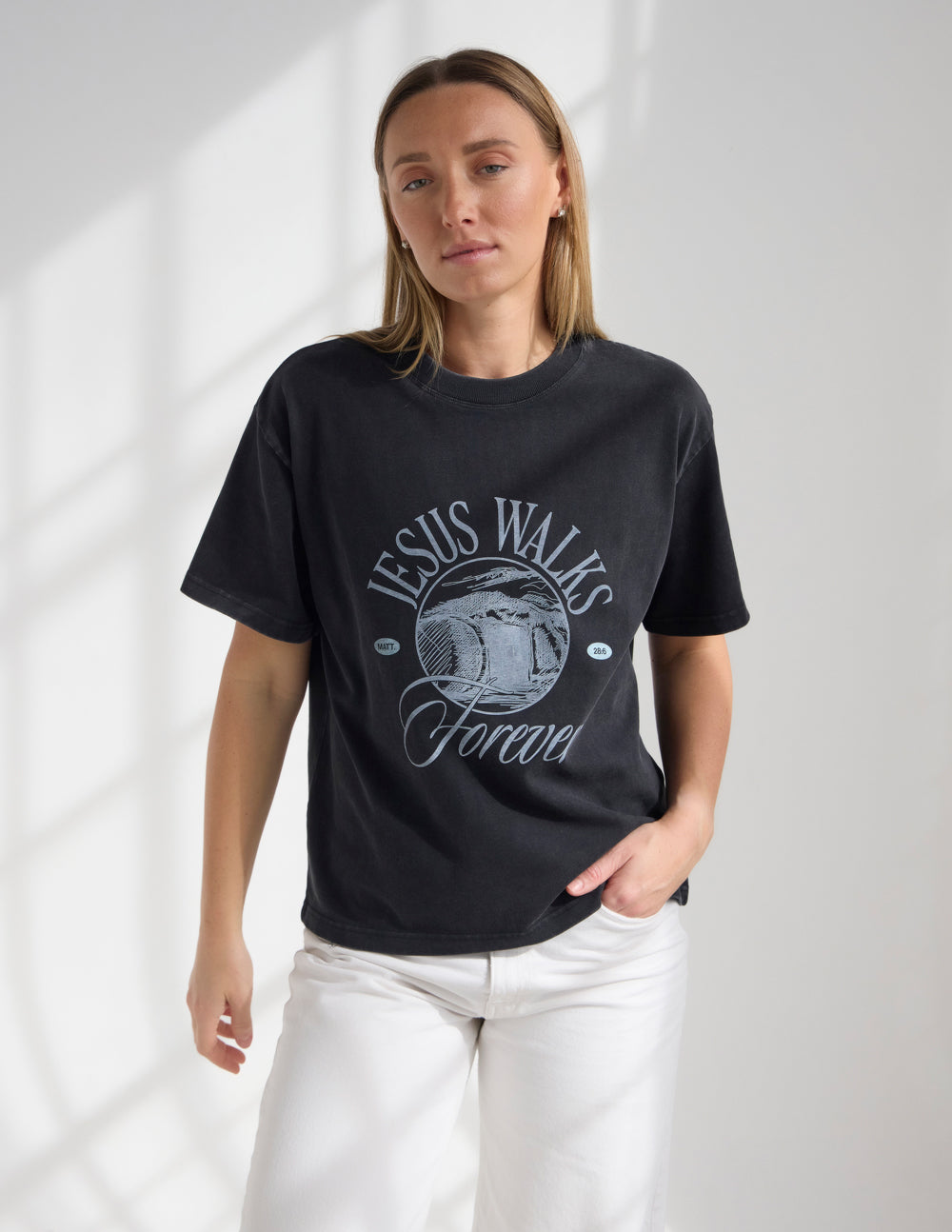 Black heavyweight crewneck tee with 'Jesus Walks Forever' front graphic