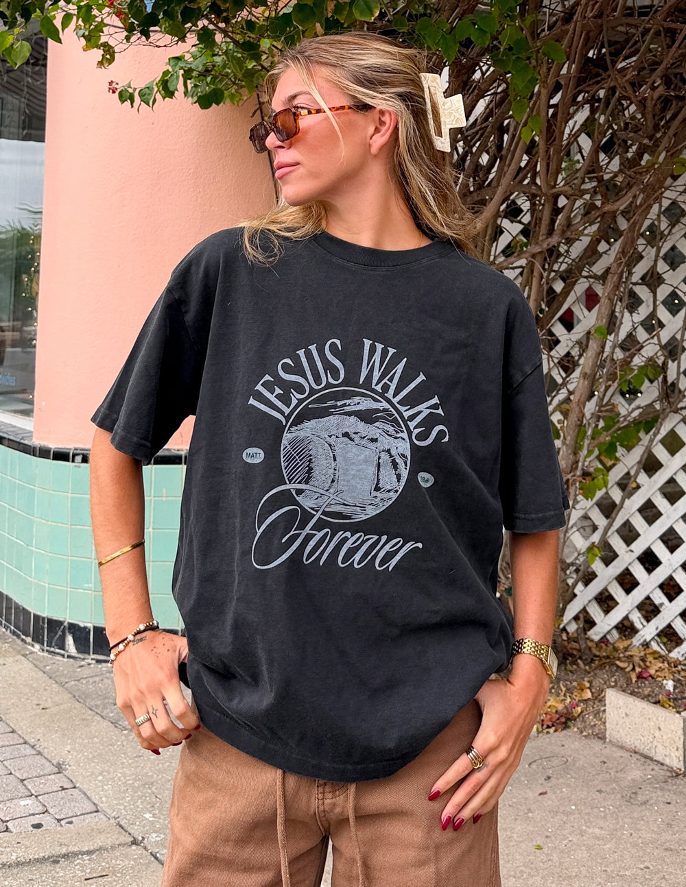 Black heavyweight crewneck tee with 'Jesus Walks Forever' front graphic