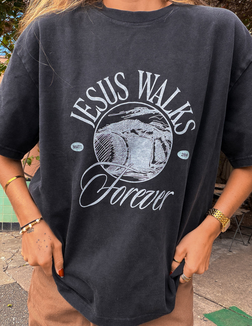 Black heavyweight crewneck tee, large 'Jesus Walks Forever' chest graphic