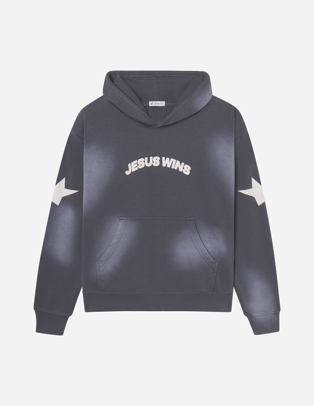 Dark gray unisex hoodie with 'JESUS WINS' chest print, hood, pocket, and star sleeves.