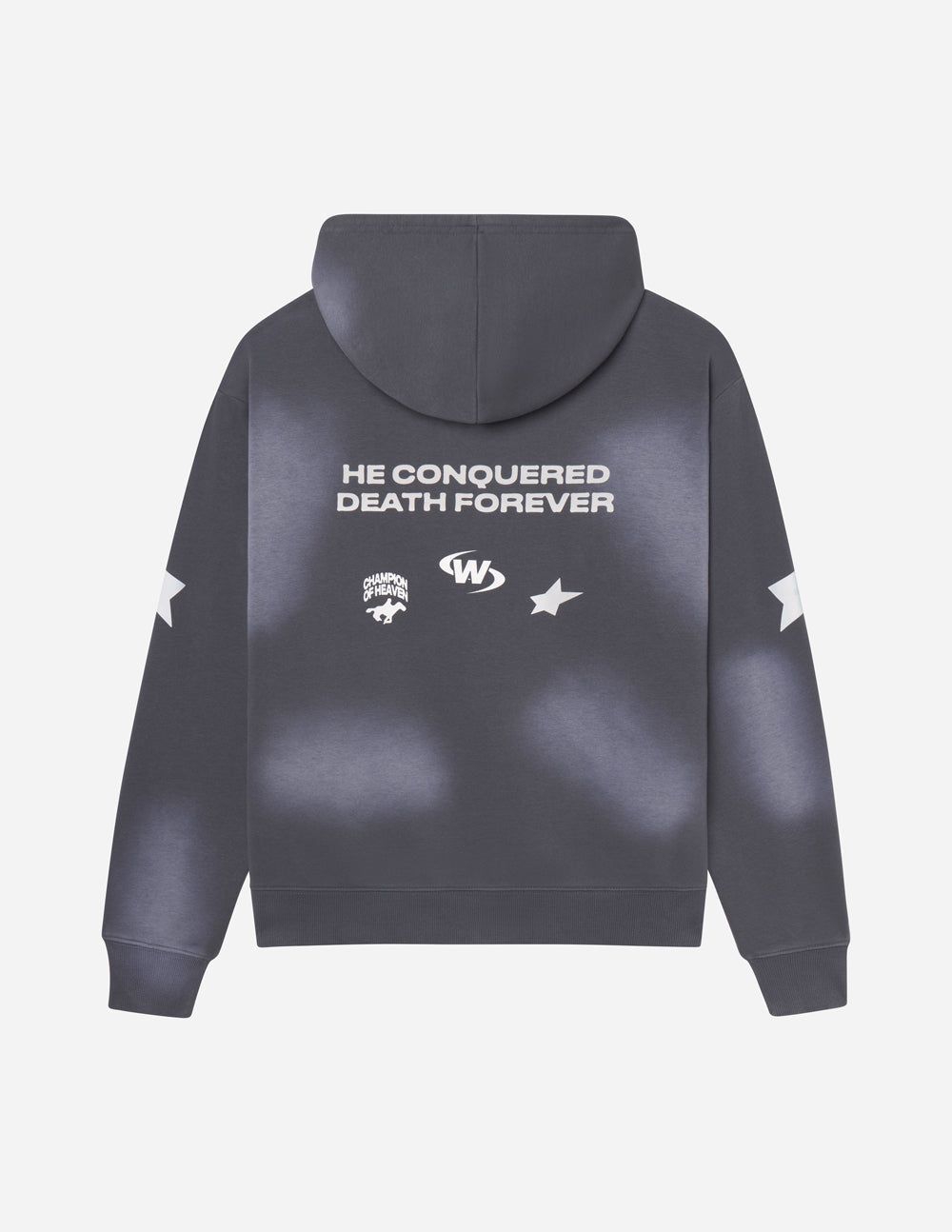 Dark gray unisex hoodie with 'HE CONQUERED DEATH FOREVER' back print and star sleeves.