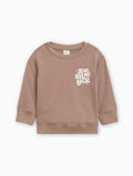 Toddler pullover sweatshirt in taupe brown with "Jesus has my back" graphic front