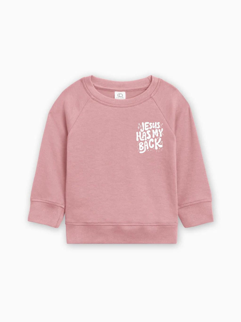 Toddler pullover sweatshirt in dusty rose pink with "Jesus has my back" graphic