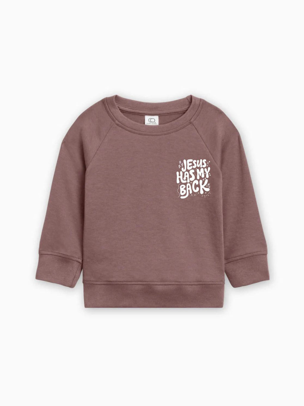 Toddler pullover sweatshirt in cocoa brown with "Jesus has my back" graphic front