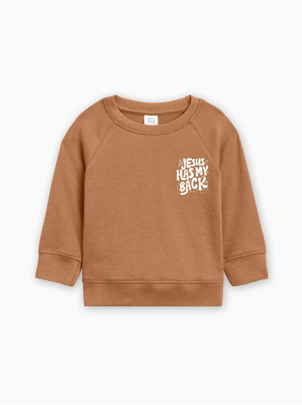 Toddler pullover sweatshirt in tan brown with "Jesus has my back" graphic
