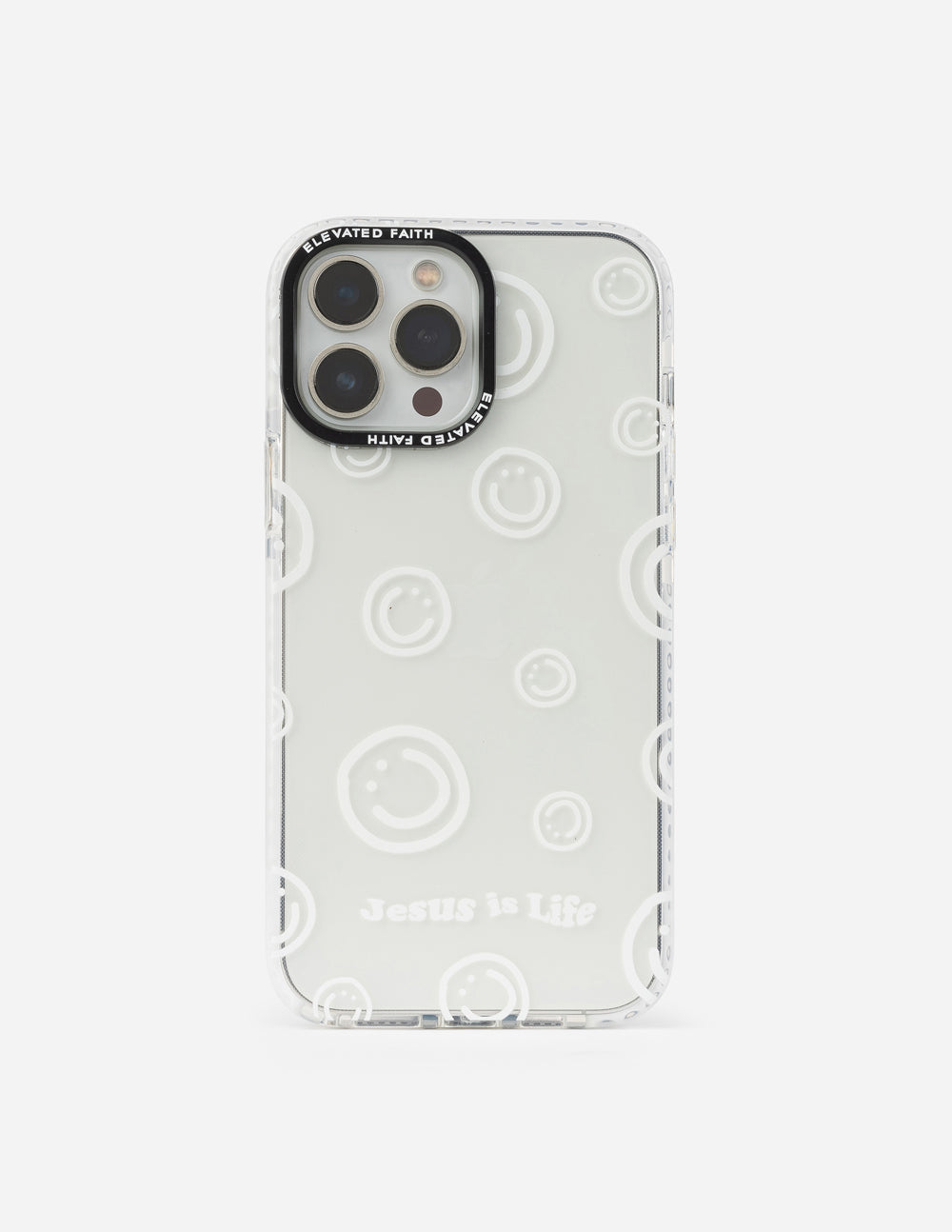 Clear white Jesus is Life phone case with circular smiley icons
