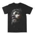 Black graphic crewneck T-shirt with distressed portrait print