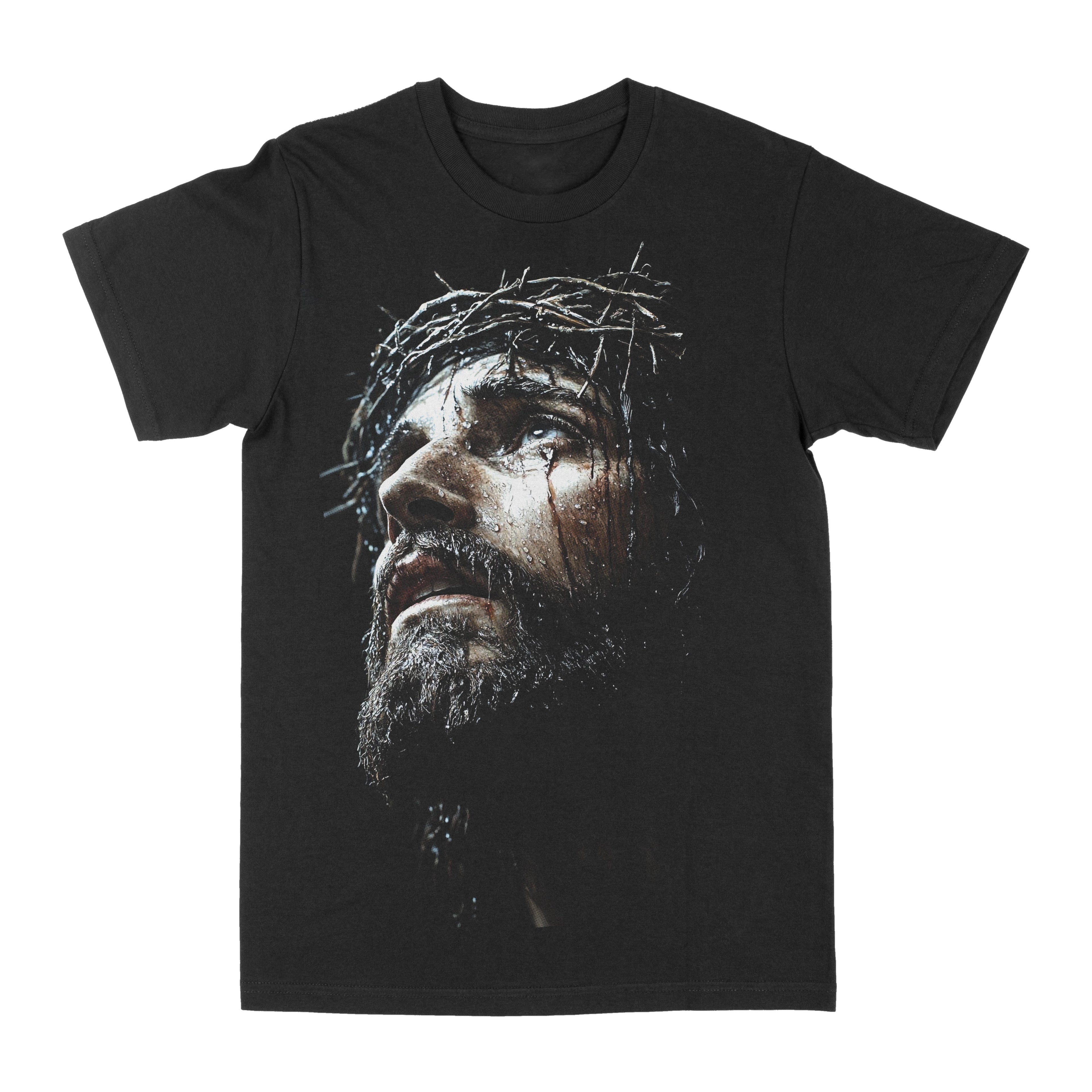Black graphic crewneck T-shirt with distressed portrait print