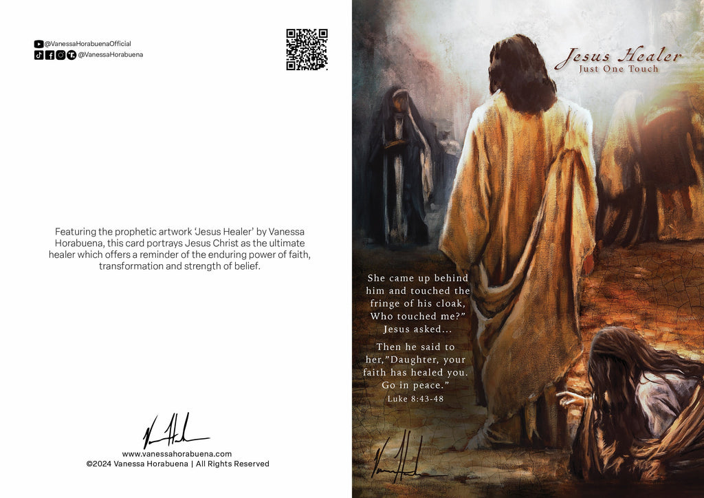 Greeting card back with QR code and paragraph about Jesus healing