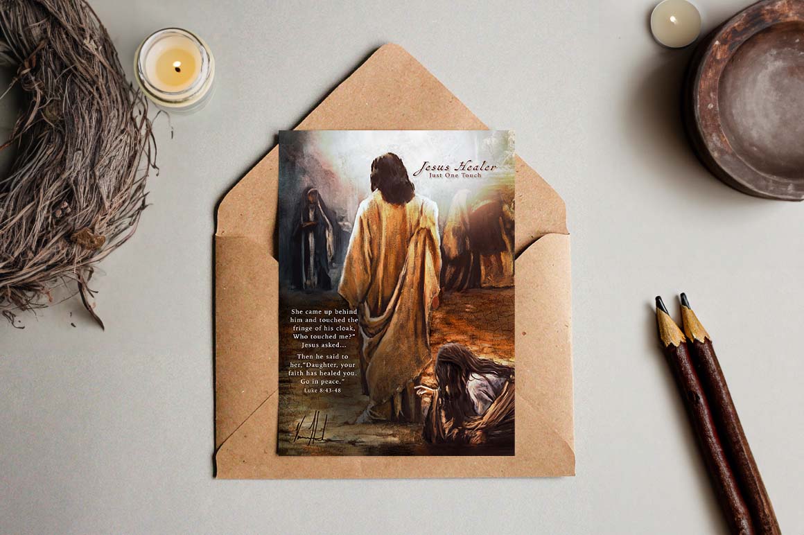 Greeting card with healing artwork of a standing man in a brown robe